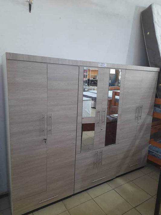3-Piece 6-Door Melamine Wardrobe with Mirror & Extra Compartment